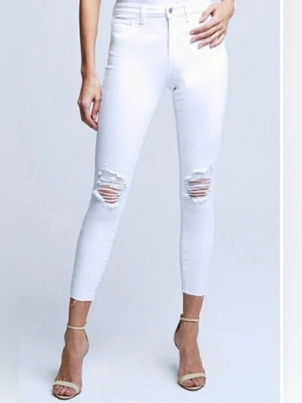 L'AGENCE Margot High Rise Skinny Jean White Blanc Distressed Crop 29 Raw Hem